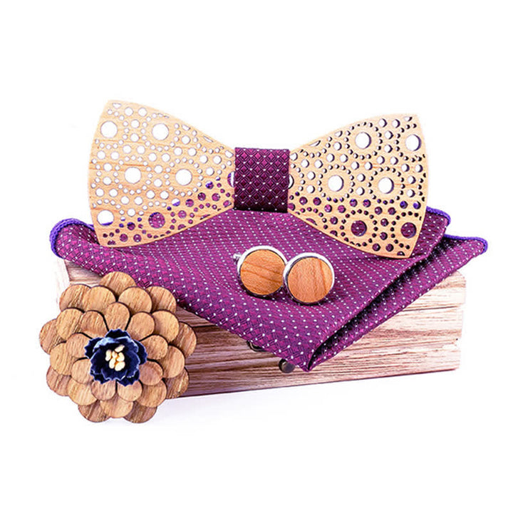 4Pcs Men's Round Hollow Wooden Bow Tie Set - Purple Checks - image 0