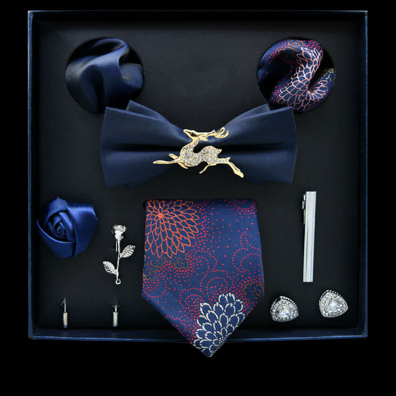8Pcs Navy&Red Floral Casual Necktie Bow Ties Gift Box - Navy&Red - image 0