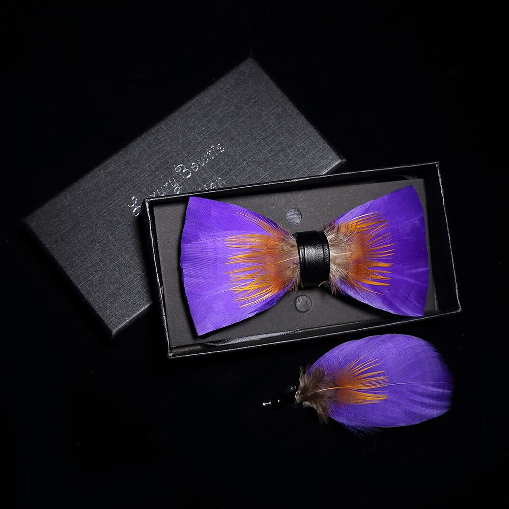 Kid's Purple & Orange Embellished Feather Bow Tie with Lapel Pin - image 1