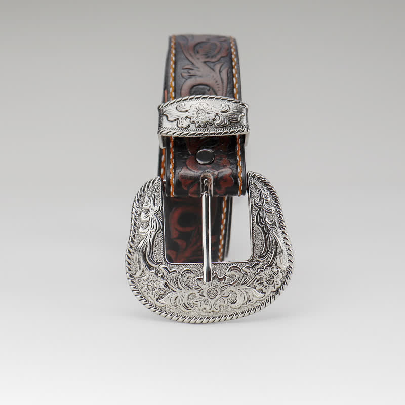 Women's Coffee Vintage Flower Engraved Leather Belt - image 3