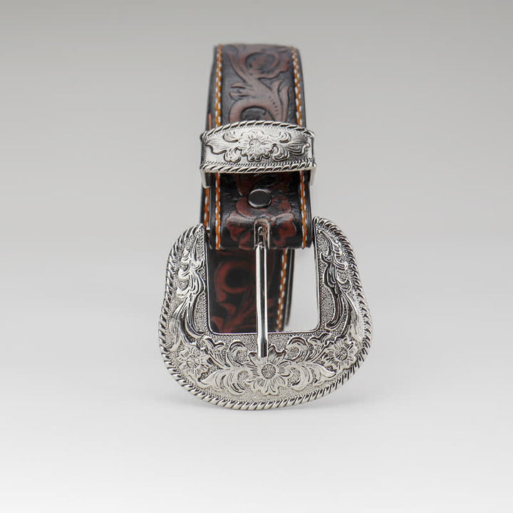 Women's Coffee Vintage Flower Engraved Leather Belt - image 3