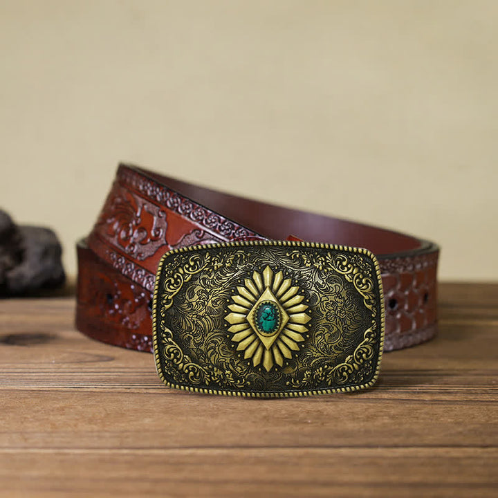 Men's DIY Square Turquoise Western Buckle Leather Belt - Antique Gold - Brown Carved Belt (40) - image 21