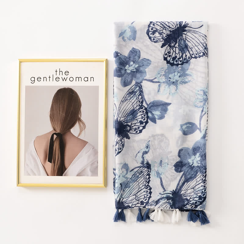 Women's Thin Lovely Butterfly Floral Tassel Scarf - image 1