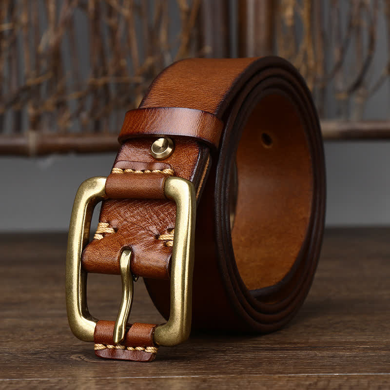 Men's Leisure Heavy Copper Buckle Leather Belt - Yellowish Brown - 44 - image 10