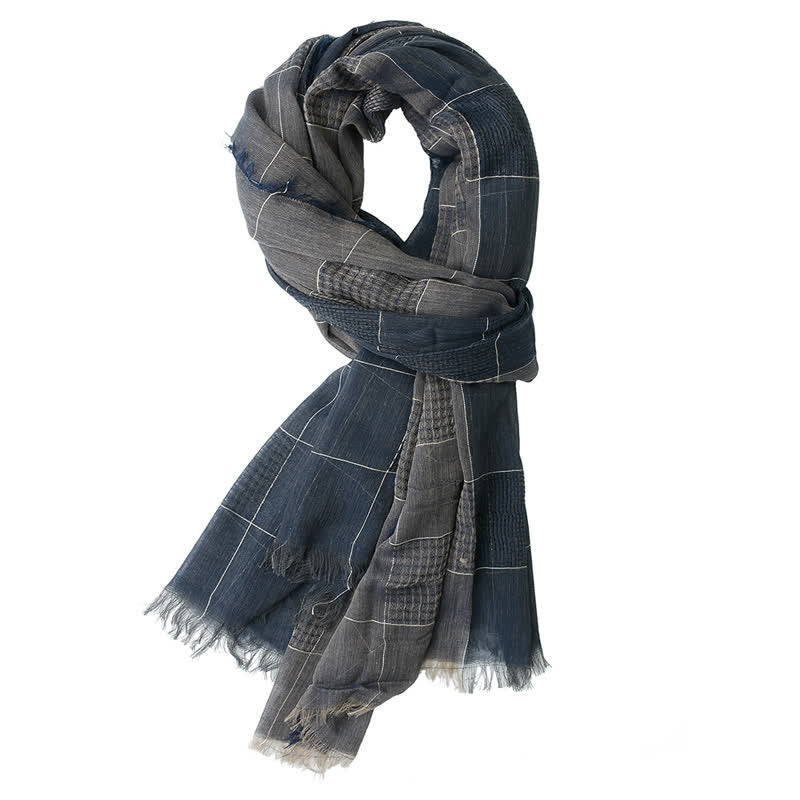 Men's Two-Tone Patchwork Checked Fringe Scarf - Navy - image 2