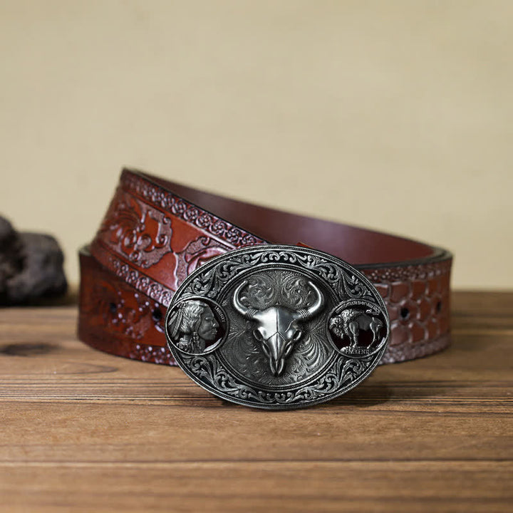 Men's DIY Typical Western Skull Buckle Leather Belt - Bull - Brown Carved Belt (40) - image 13