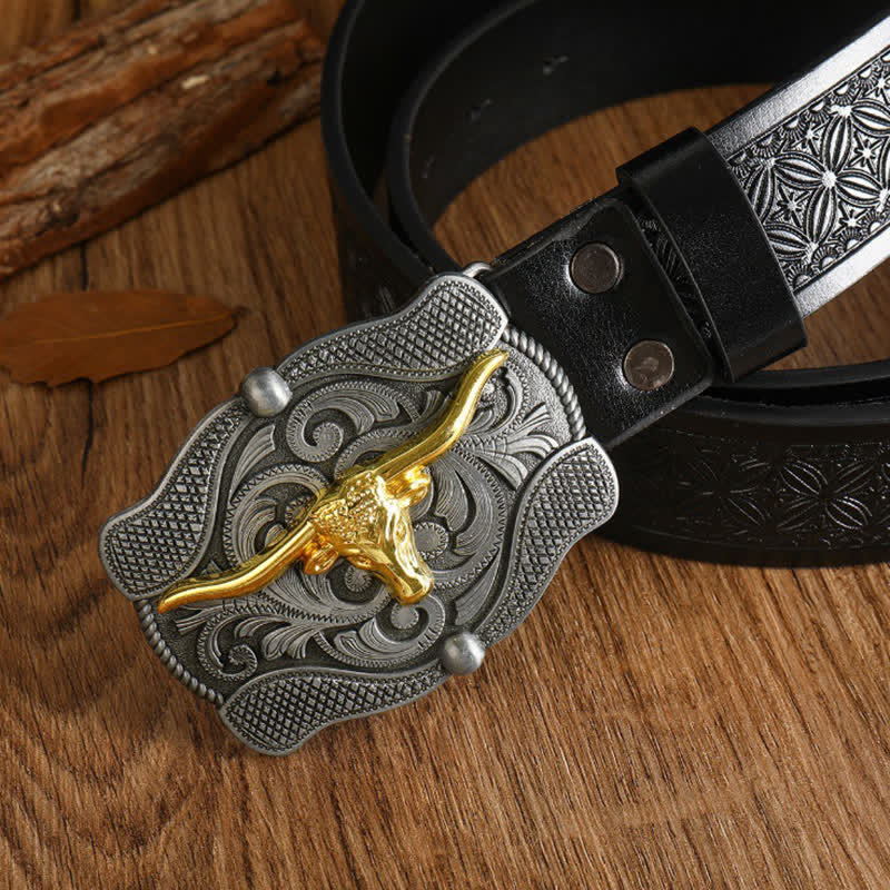 Men's Square Golden Longhorn Bull Leather Belt - image 7