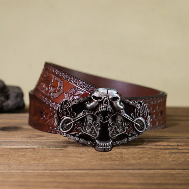 Men's DIY Skull Motorcycle Ghost Head Buckle Leather Belt - Skull - Brown Carved Belt (40) - image 10