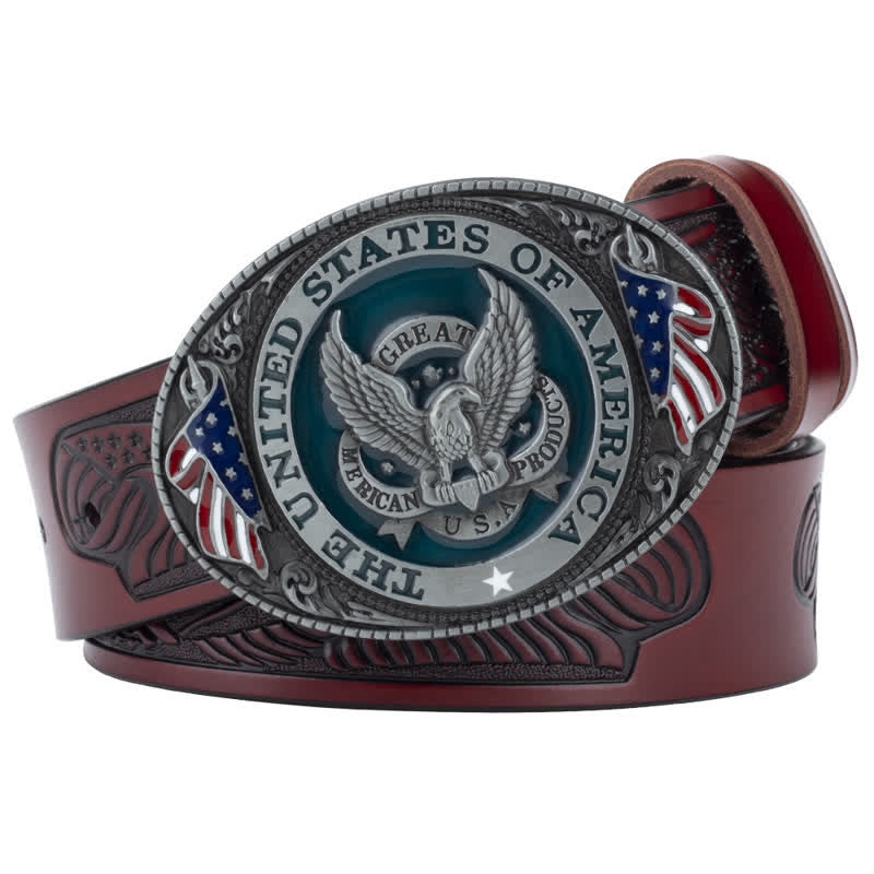 Men's Eagle Spread Wings Patriotic Buckle Leather Belt - Brown - 46 - image 8