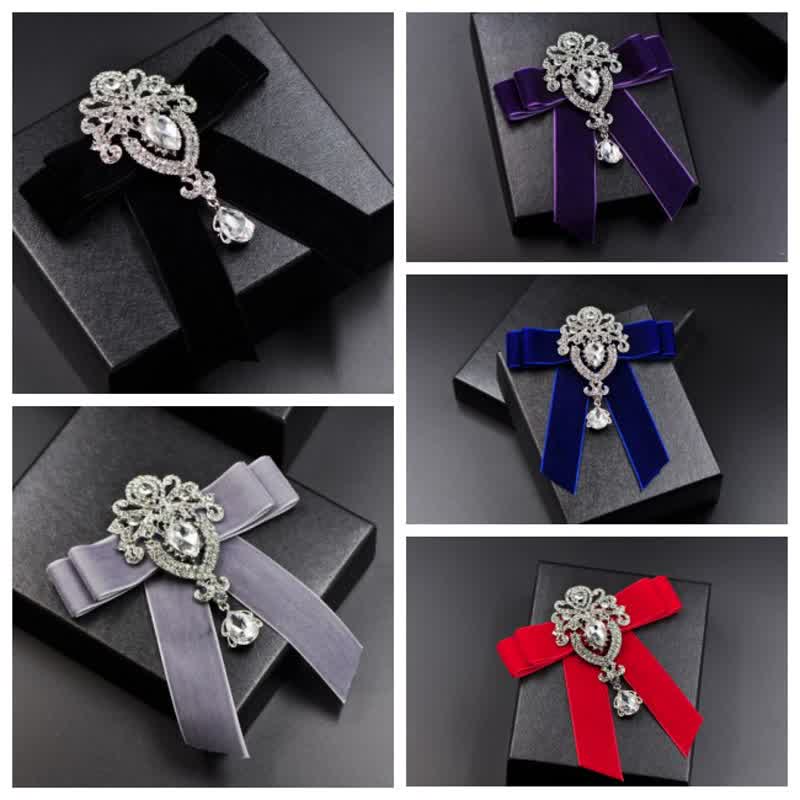 2Pcs Royal Rhinestone Brooch Velvet Bow Tie Set - image 1