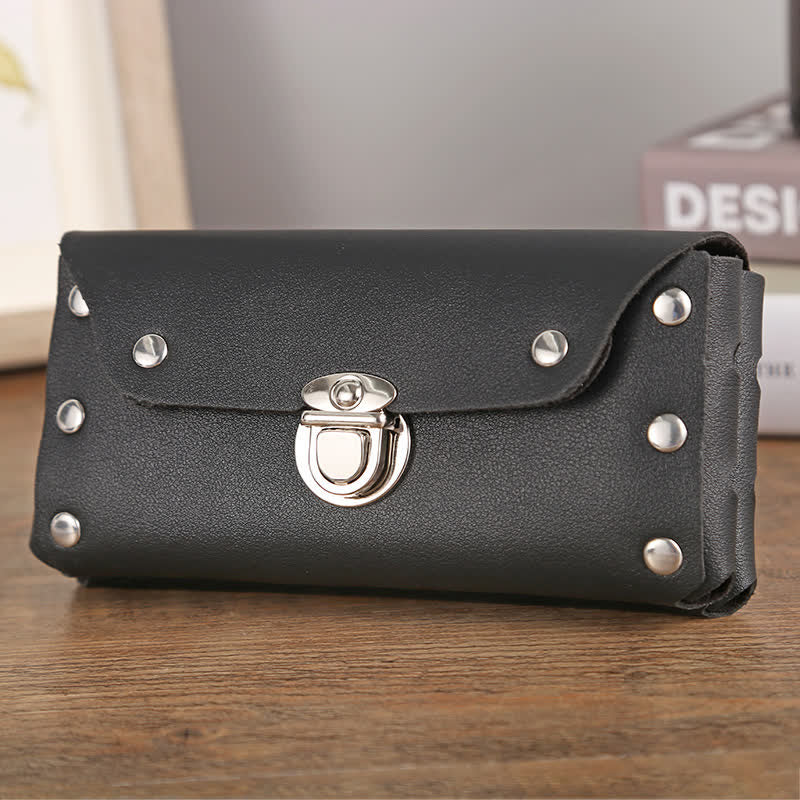 Rivet Decor Button Universal Phone Leather Belt Bag - Black - Horizonal - image 1