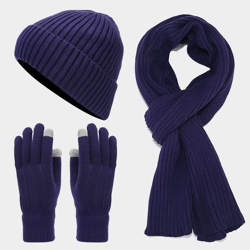 3Pcs Unisex Classic Versatile Hat Scarf Gloves Set - Navy - Adjustable (Approx. 21 5/8"-23 5/8") - image 16