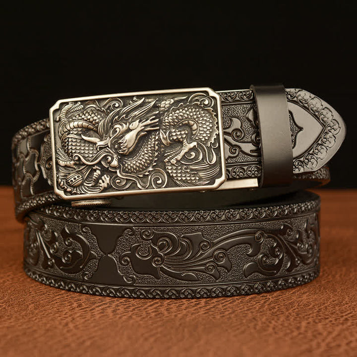 Men's Dragon Square Buckle Leather Belt - Silver & Black - 46 - image 17