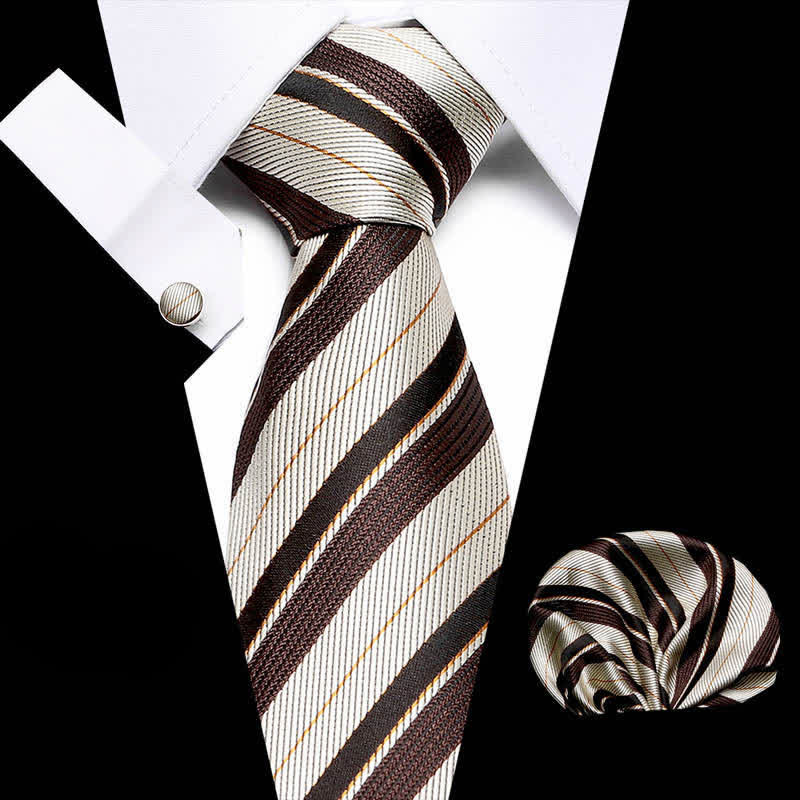 3Pcs Men's Champagne & Coffee Striped Necktie Set - Champagne & Coffee - image 0