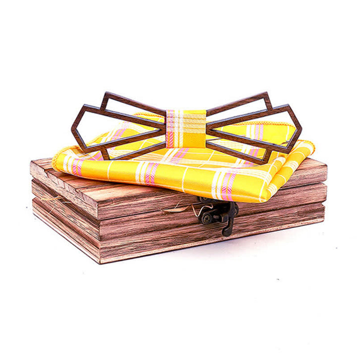 2Pcs Men's Novelty Hollow Wooden Bow Tie Set - Yellow - image 6