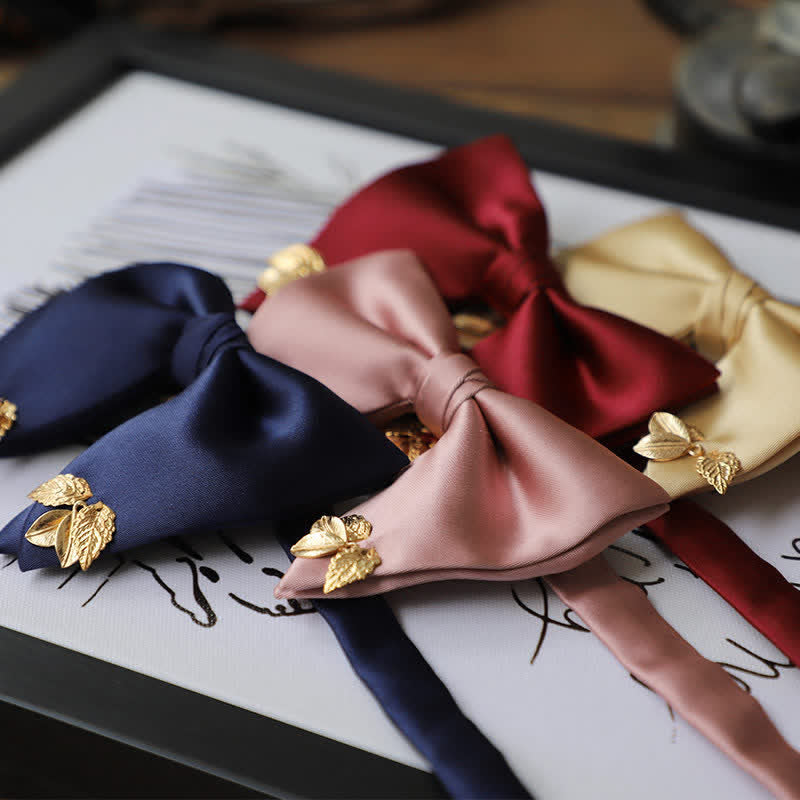 Men's Double-Layers Leaves Oversized Bow Tie Pocket Square