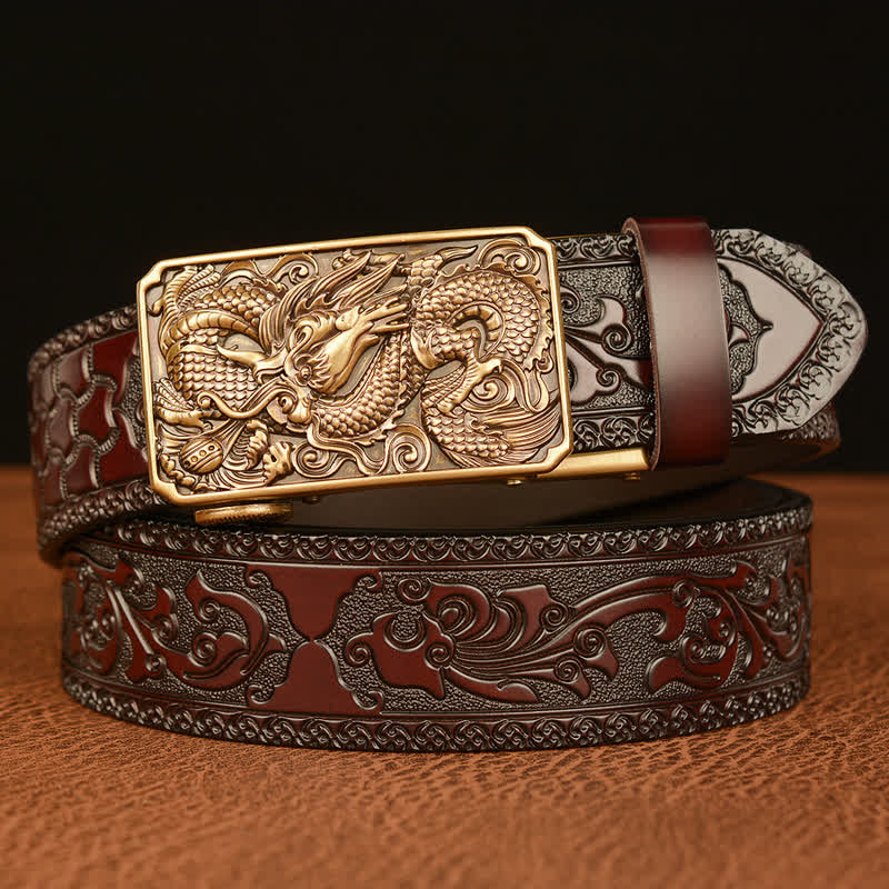 Men's Dragon Square Buckle Leather Belt - Gold & Brown - 46 - image 0