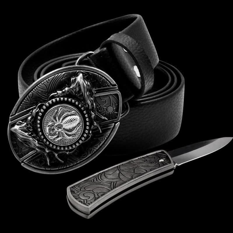 Men's Rotating Spider Leather Belt With Folding Knife - Spider - 46 - image 0