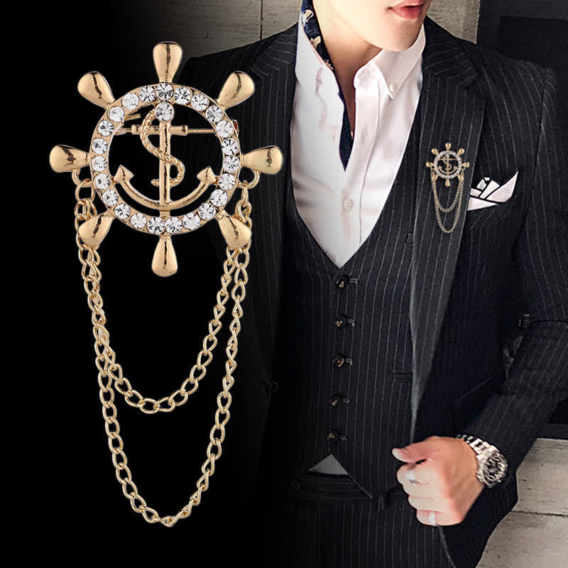 Men's Navy Ship Wheel Anchor Chain Brooch - Gold - image 0