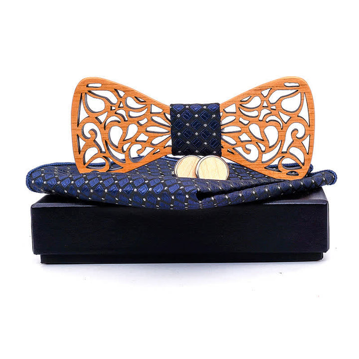 3Pcs Men's Vintage Hollow Wooden Bow Tie Set - Navy Chequer - image 9