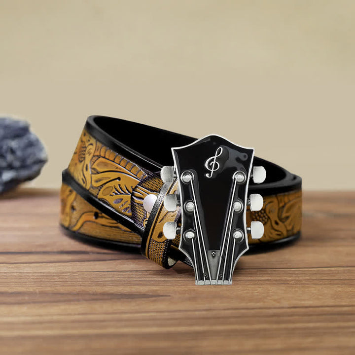 Men's DIY Musical Guitar Headstock Buckle Leather Belt - Black - SandyBrown Belt (40) - image 29