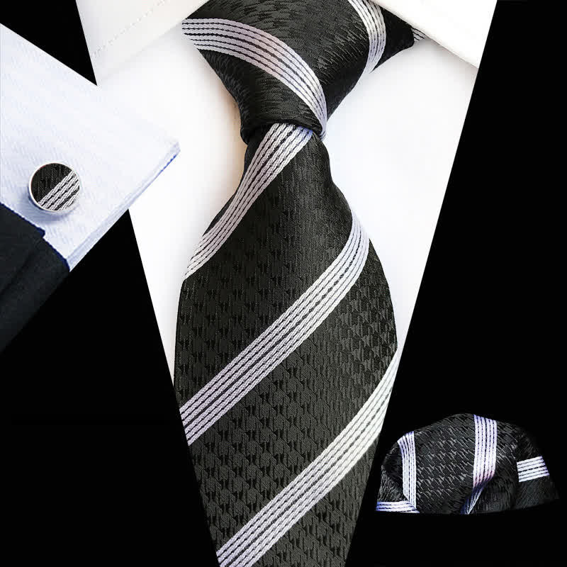 3Pcs Men's Business Black & White Striped Necktie Set - Black & White - image 0