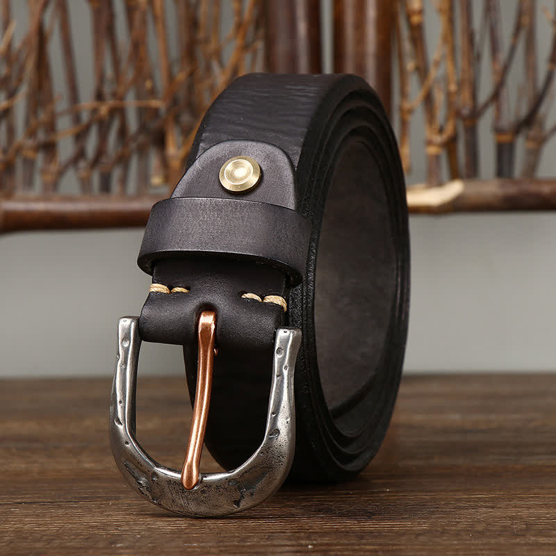 Men's Classic Vintage Carved Buckle Leather Belt - Black - 44 - image 0