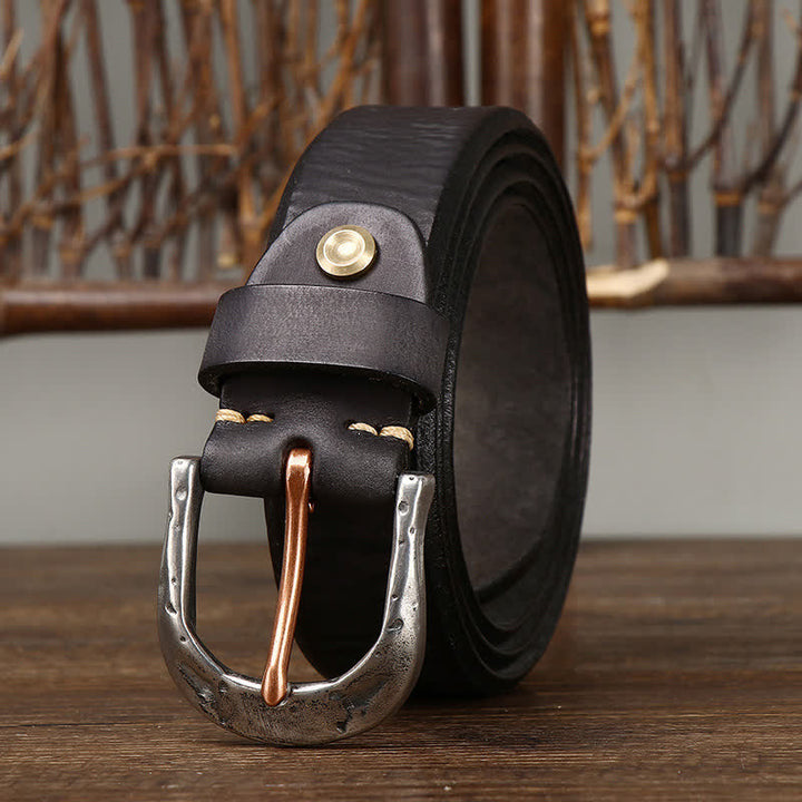 Men's Classic Vintage Carved Buckle Leather Belt - Black - 44 - image 0