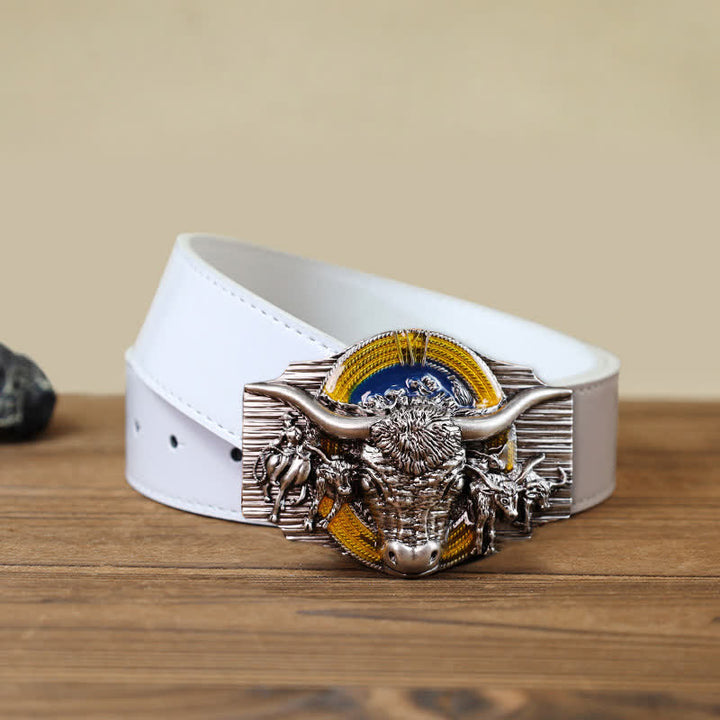 Men's DIY Domineering Longhorn Bull Buckle Leather Belt - Bull - White PU Belt (40) - image 4
