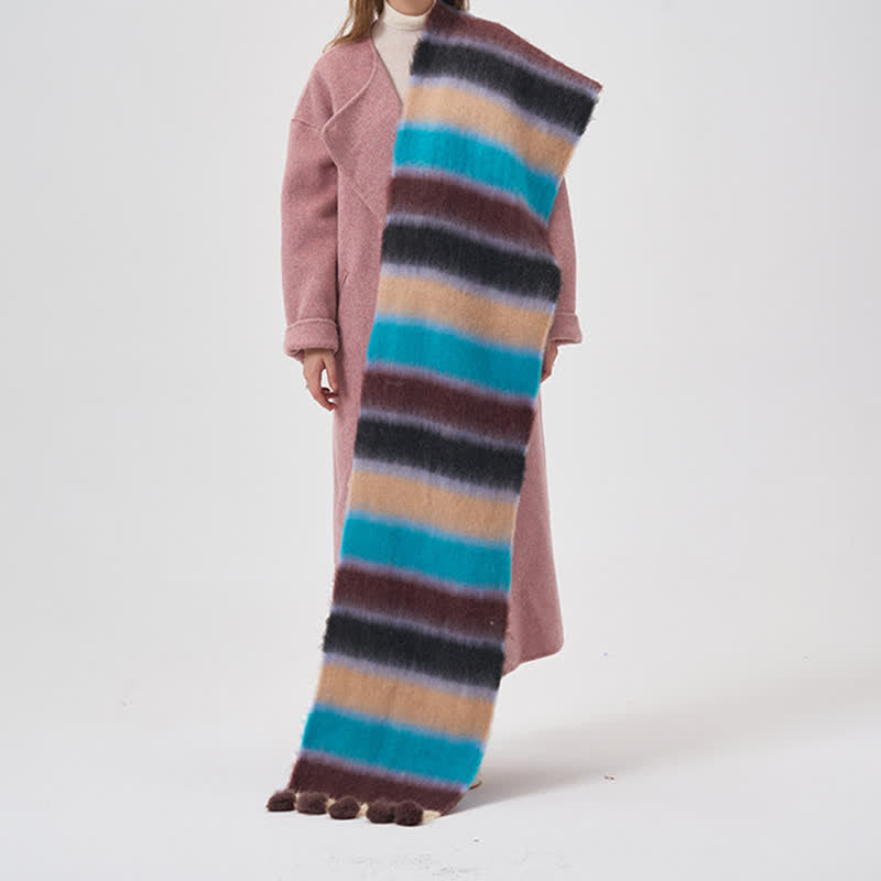 Women's Rainbow Color Striped Tassel Scarf - Blue - image 6