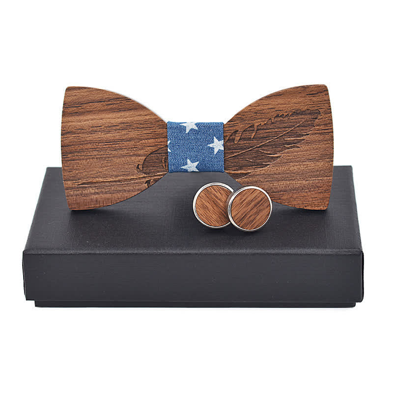 2Pcs Men's Feather Engraving Wooden Bow Tie Set - SteelBlue Stars - image 11