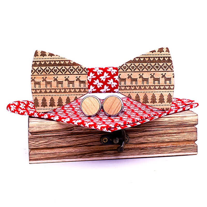 3Pcs Men's Christmas Theme Pattern Wooden Bow Tie Set - Red - image 5