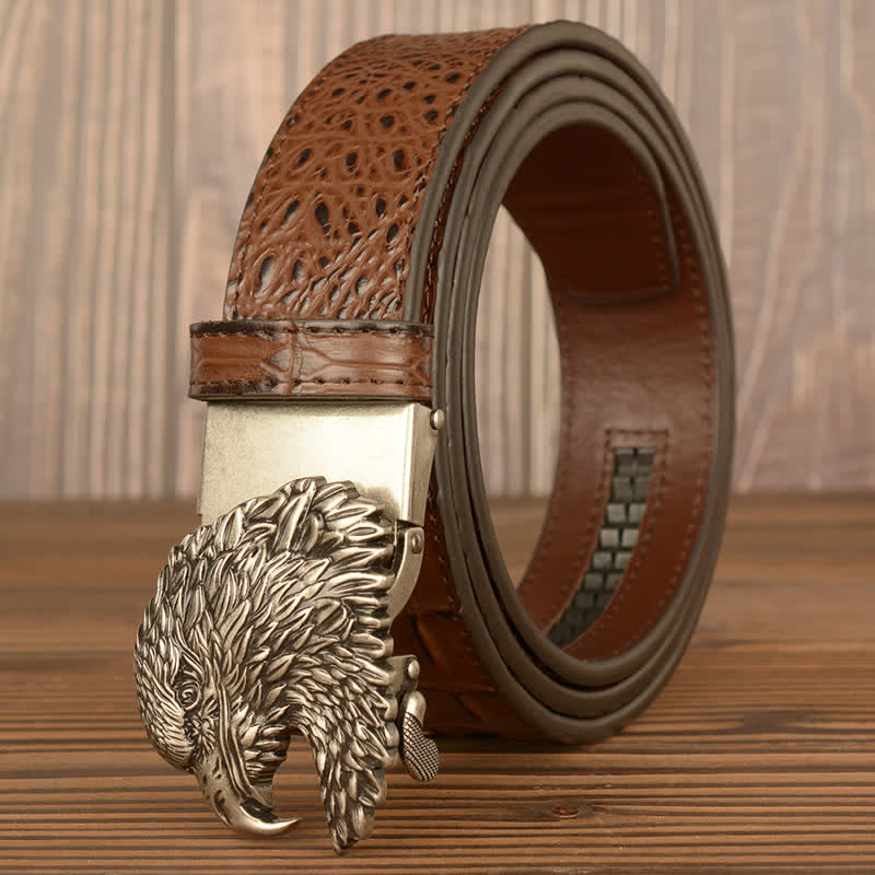 Men's Eagle Head Crocodile Embossed Leather Belt - Silver & Brown - 46 - image 17
