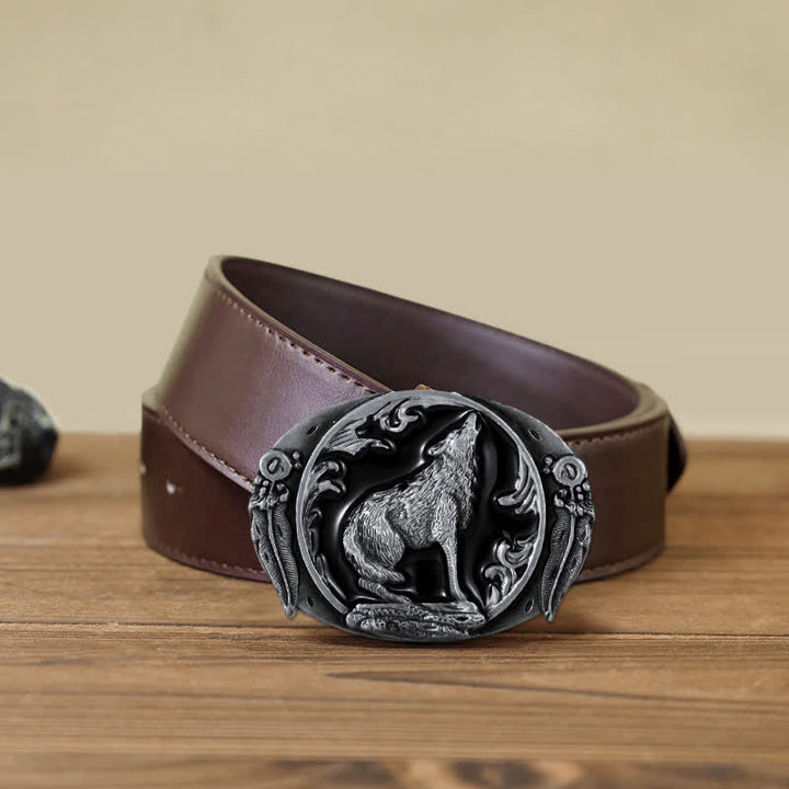 Men's DIY Enamel Domineering Howling Wolf Buckle Leather Belt - Black - Brown PU Belt (40) - image 11