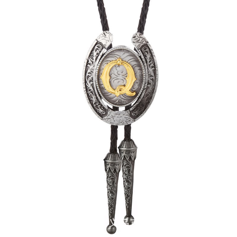 Modern Western Horseshoe Initial Letter A To Z Bolo Tie - Silver - Q - image 47