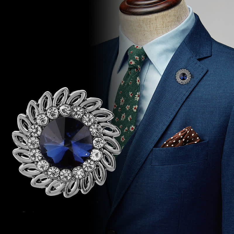 Men's Royal Flower Crystal Brooch - Blue - image 0