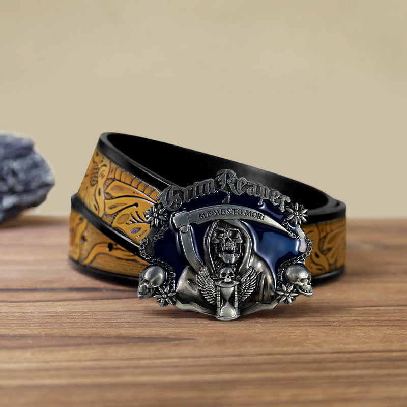 Men's DIY Death Sickle Skull Buckle Leather Belt - Skull - SandyBrown Belt (40) - image 13