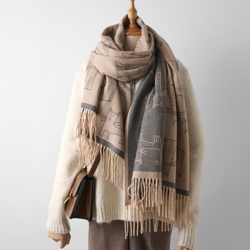 Women's Cat Print Double-Sided Shawl Scarf - Gray - image 22