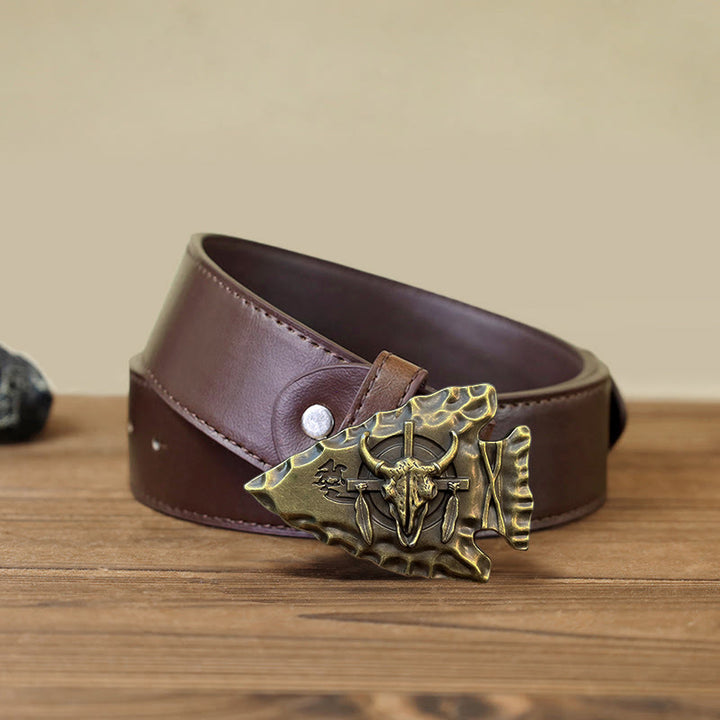 Men's DIY Arrowhead Shaped Bull Buckle Leather Belt - Antique Bronze - Brown PU Belt (40) - image 12