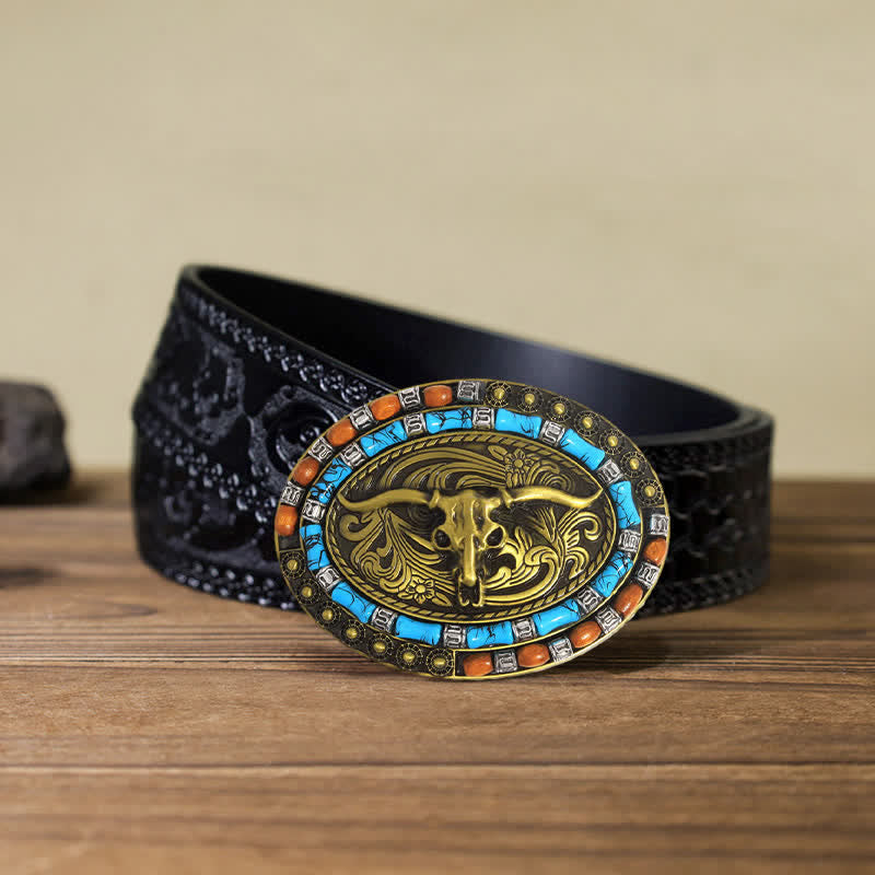 Men's DIY Turquoise Wood Bead Bull Buckle Leather Belt - Gold - Black Carved Belt (115 cm/46 inch) - image 13
