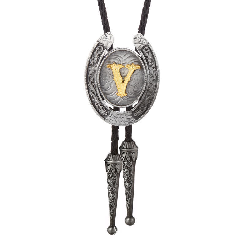 Modern Western Horseshoe Initial Letter A To Z Bolo Tie - Silver - V - image 52