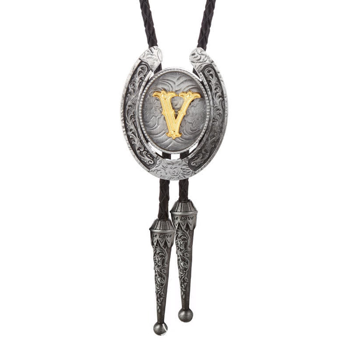 Modern Western Horseshoe Initial Letter A To Z Bolo Tie - Silver - V - image 52