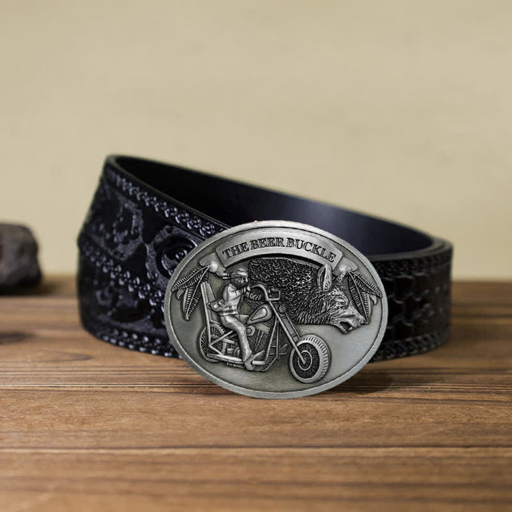 Men's DIY Motorcycle Creative Beer Holder Buckle Leather Belt - Silver - Black Carved Belt (40) - image 20