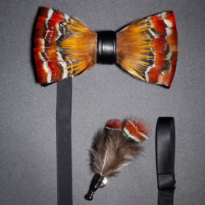 Orange & Yellow Vitality Feather Bow Tie with Lapel Pin - Orange & Yellow - image 0