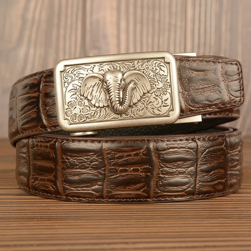 Men's Punk Elephant Alligator Pattern Leather Belt - Silver & Brown - Alligator Skin - 44 - image 23