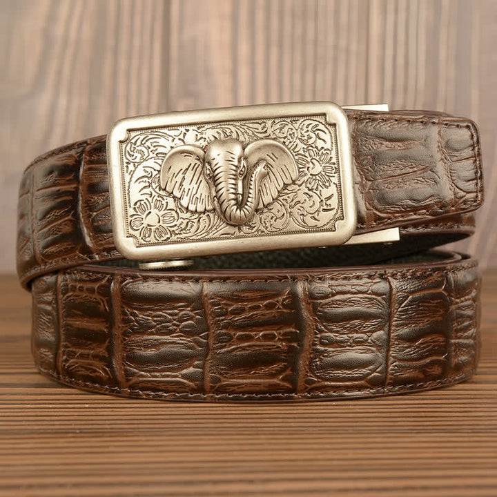 Men's Punk Elephant Alligator Pattern Leather Belt - Silver & Brown - Alligator Skin - 44 - image 23