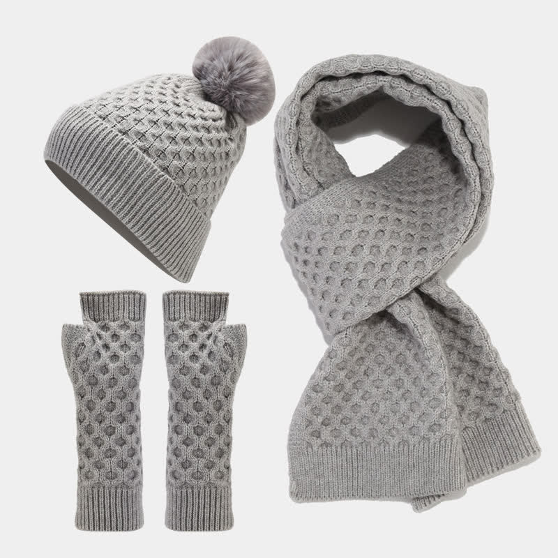 3Pcs Women's Criss Cross Knit Hat Scarf Gloves Set - Gray - Adjustable (22"-22 7/8") - image 11