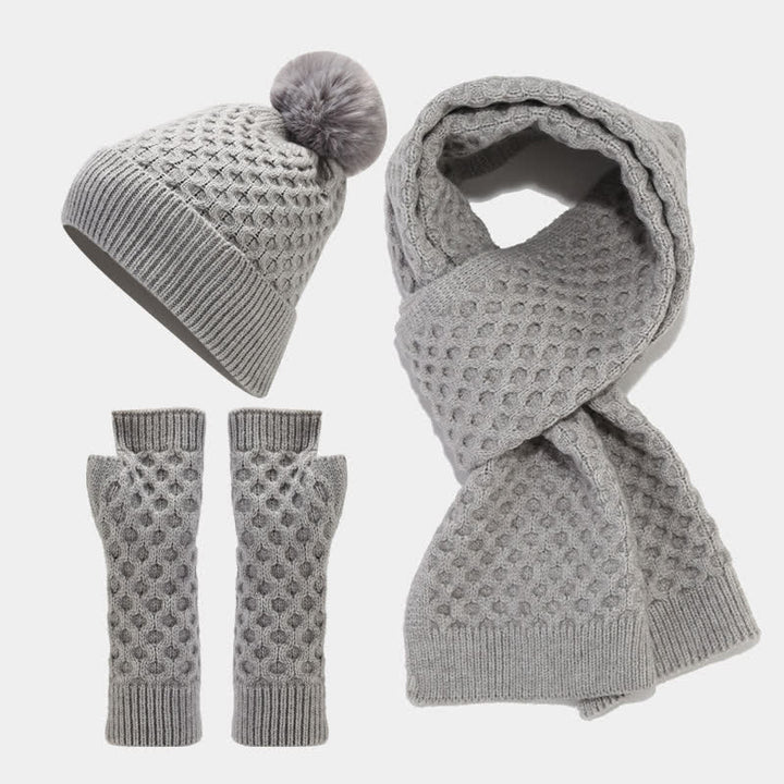 3Pcs Women's Criss Cross Knit Hat Scarf Gloves Set - Gray - Adjustable (22"-22 7/8") - image 11