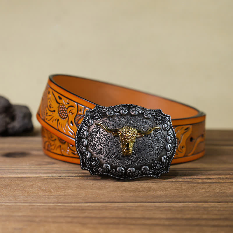 Men's DIY Longhorn Bull Antiqued Silver Buckle Leather Belt - Gold - Orange Carved Belt (40) - image 21