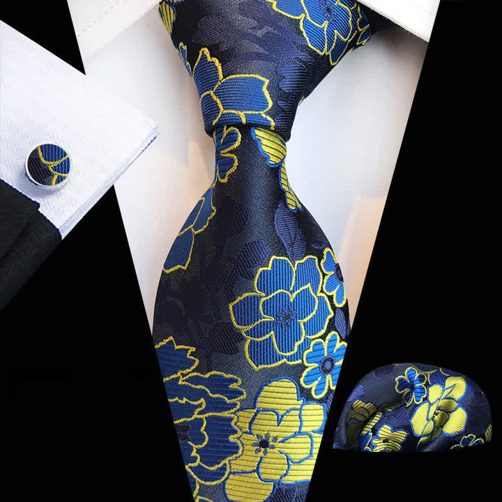 3Pcs Men's Blooming Flowery Necktie Set - Navy - image 2